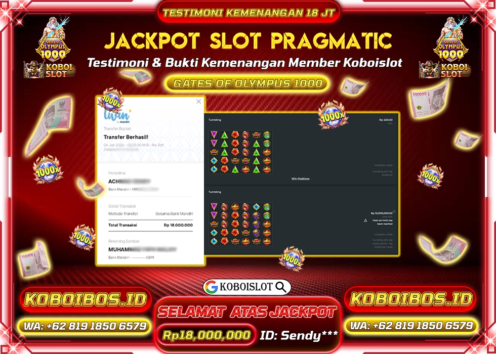 BUKTI KEMENANGAN Sendy*** SLOT GACOR GATES OF OLYMPUS 1000 Rp18.000.000,- LUNAS